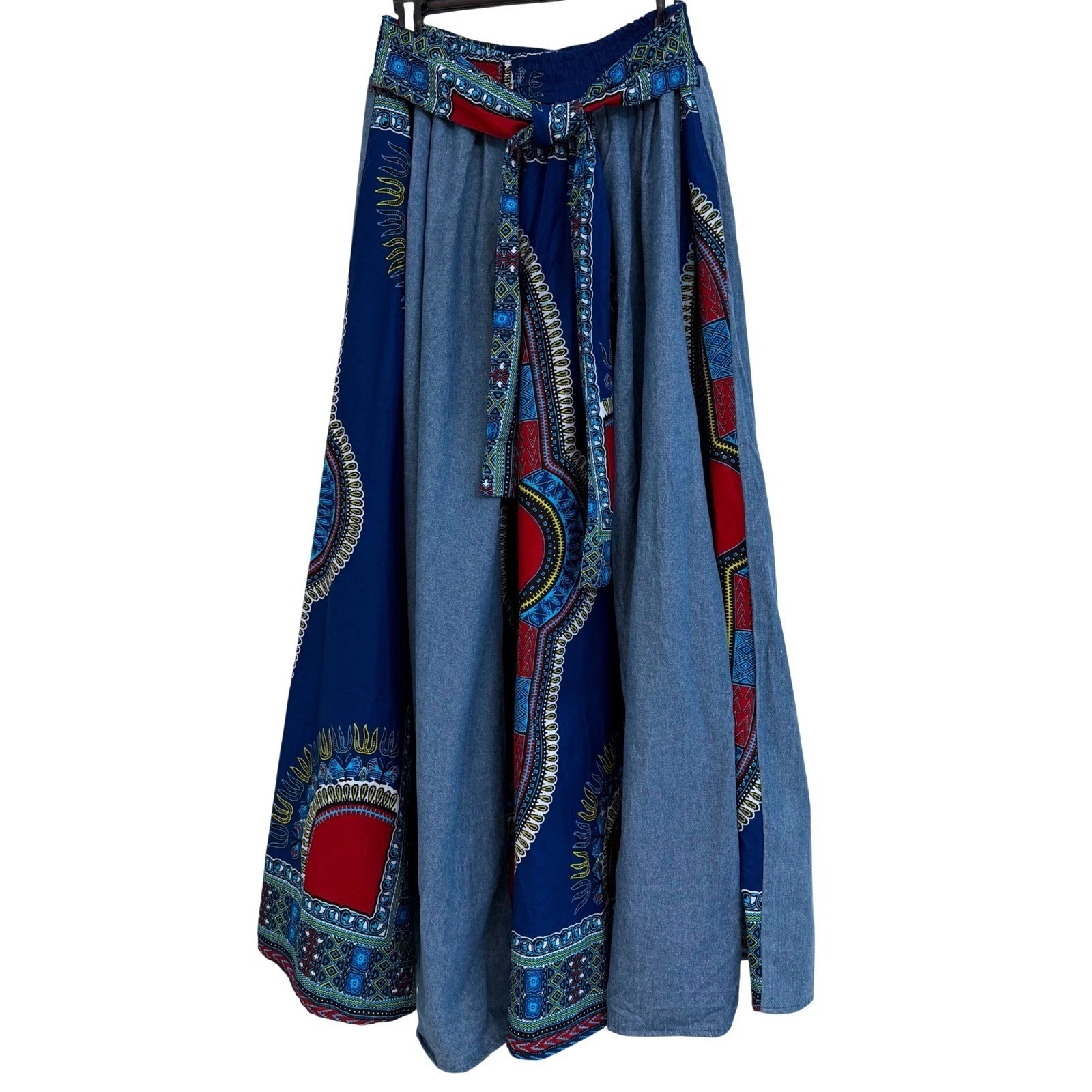 Neelam Denim Dashiki Maxi Skirt Blue Red African Print Boho Free OS India Cotton
Opens in a new wind