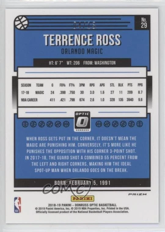 2018-19 Panini Donruss Optic FOTL FOTL Purple Stars Prizm /13 Terrence Ross #29 - Image 2 of 2