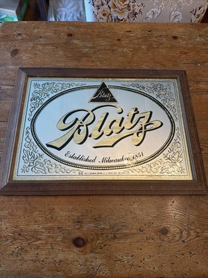 Vintage 1981 Blatz Beer Mirror Sign 20  x 14.5  Wood Frame Bar Mancave 