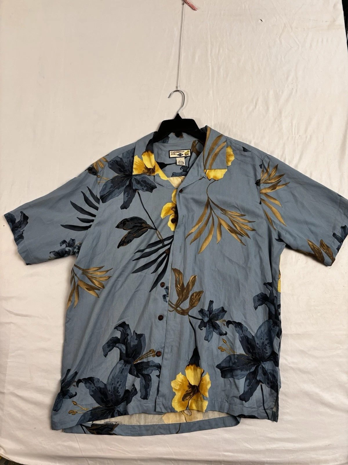 Caribbean Joe Silk Hawaiian Shirt Mens Large Blue Floral Camp Aloha Button