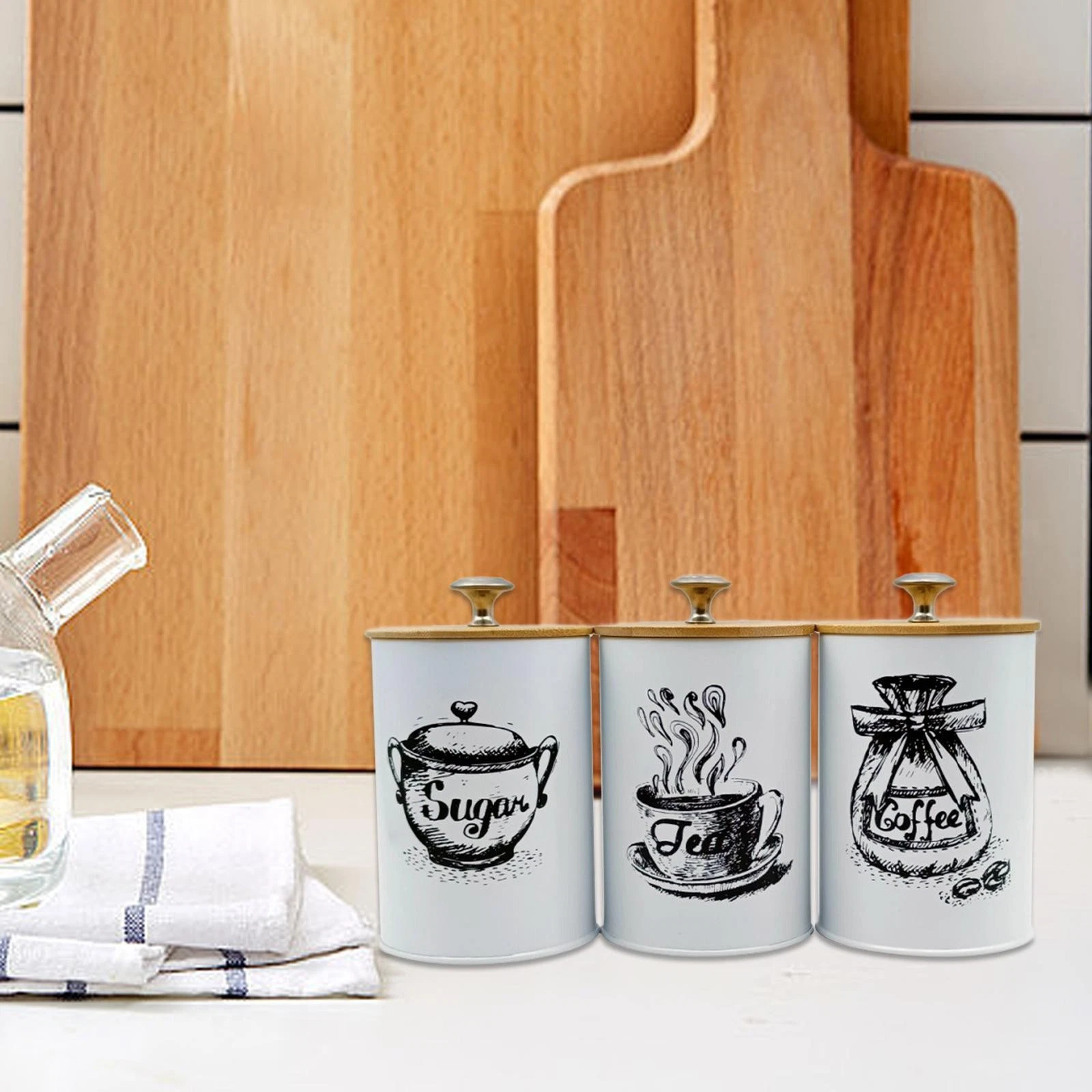 3 Pieces Coffee Tea Sugar Containers Kitchen Canisters Set Iron Decorative