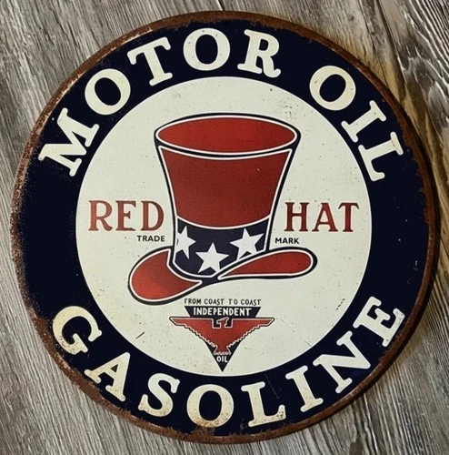Red Hat Motor Oil Gasoline 12" Diameter Vintage Novelty Metal Sign Made In USA