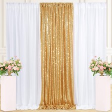 Sequin Backdrop Set 1 Pcs 4x8ft Gold Glitter 2 Pcs White Chiffon 3 Pack