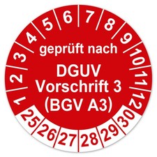 Pr&uuml;fplaketten Gepr&uuml;ft nach DGUV Vorschrift 3 BGV A3 2025-2030 Folie Rot LTA011