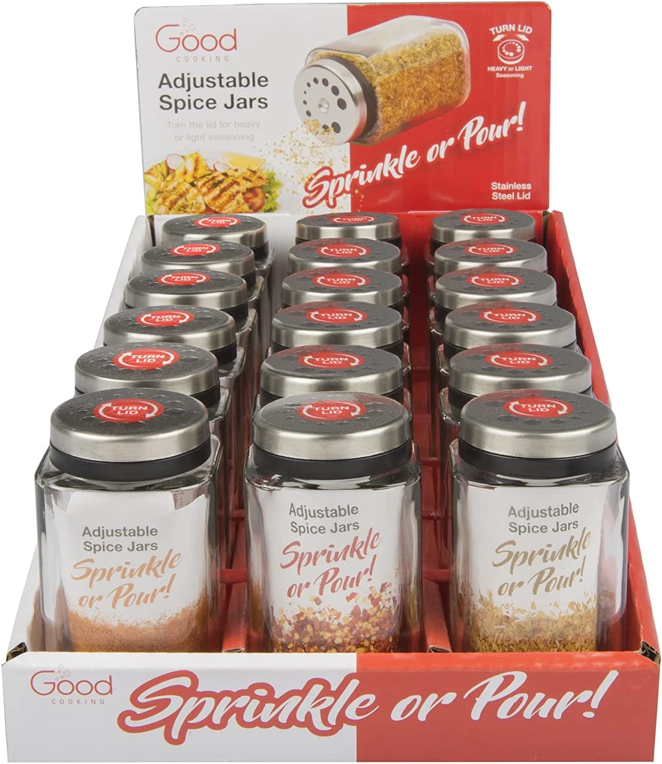 Adjustable Glass Spice Jars (Set of 24) w/ 6 Pouring Sizes Stainless Steel