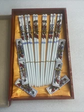 Fine Ceramic Chopstick Set of 6 Pairs with Rests and Chopsticks In Gift Box