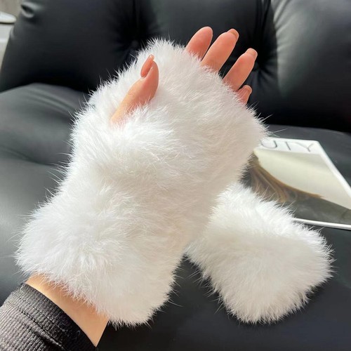 Women's Warm Real Rex Rabbit Fur Gloves Winter Knitted Wrist Fingerless ...