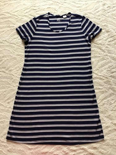 Lands’ End Blue & White Striped Round Neck Stretch Knit Shift Dress - Size M