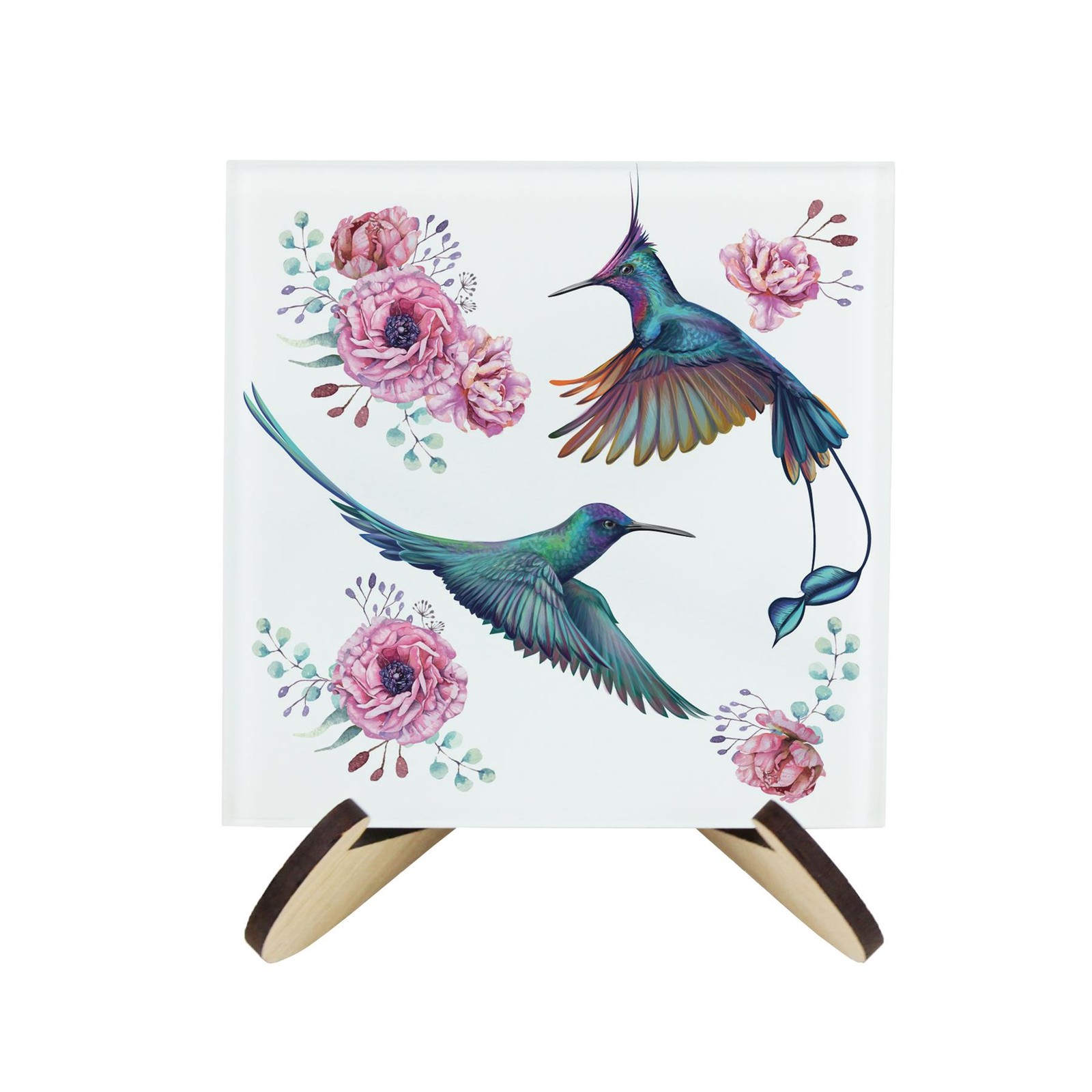 Pink Floral Hummingbirds Glass Coasters & Stand Set - Gifts for Bird Lovers