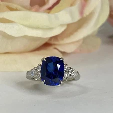 4.5 Ct Cushion Natural Sapphire Diamond Anniversary/Wedding Ring 14K  White Gold