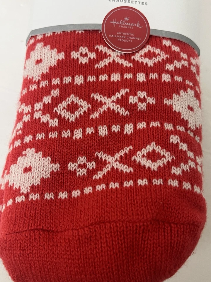 Hallmark Channel 舒适圣诞袜 厚暖红色和白色 - 绿色握把 - 全新 — 第 3/4 张图片