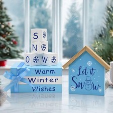 Winter Table Decor Wooden Block Sign, Let It Snow Decor Blue Winter Wonderlan...