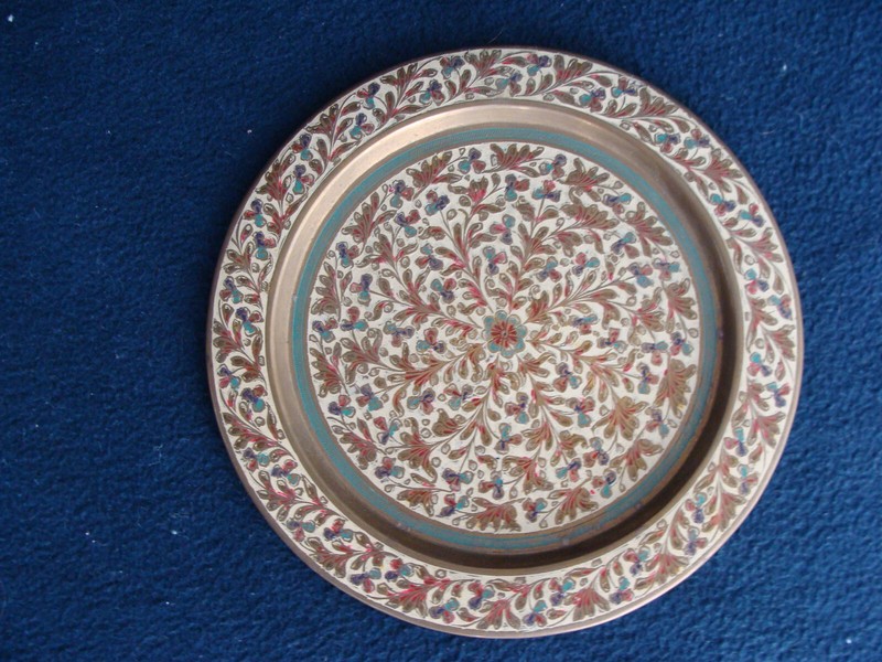 Etched Brass Plate/Tray - Painted Enamel - India - 7.5" across
