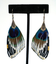 Beautiful Genuine Beaded Peacock Feather Earrings 3 1/4" long Butterfly Shape