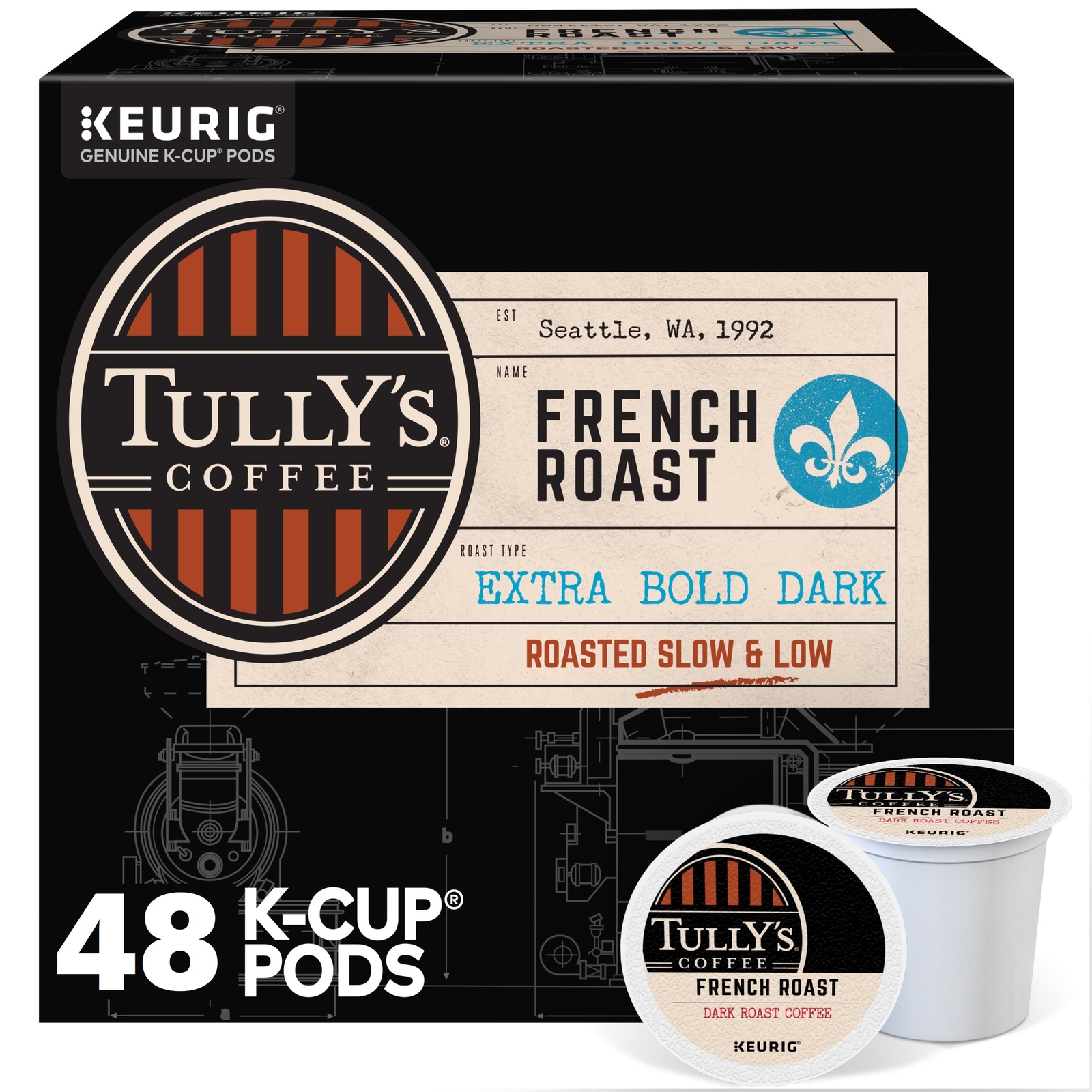 Tully's Coffee, French Roast, Keurig KCup Pods, Dark Roast, 48 Count