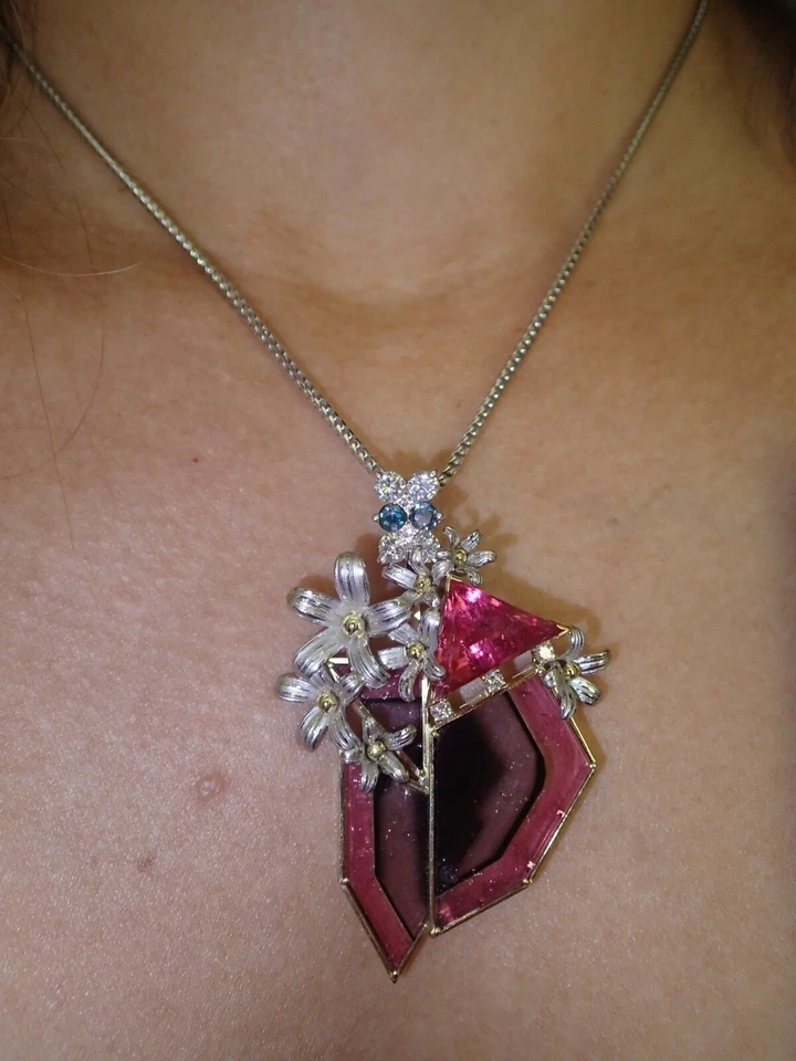 Big Platinum/18K YG 21.4CT diamond, watermelon & pink tourmaline flower pendant - Image 2 of 4