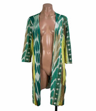 Chico s Open Front Ikat Teal Cotton Blend Cardigan Sweater Artsy Kimono sz 1 M