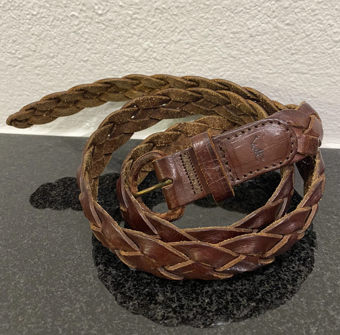 Vintage Polo Ralph Lauren Made in England Saddle Tan Leather Braided Belt 38