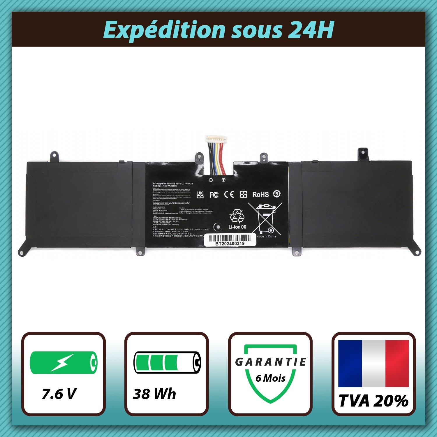 Batterie ASUS X302LJ-FN113T de remplacement 7.6V 38Wh interne