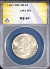 1961 50c Silver Franklin Head Half-dollar MS 64 ANACS # 7696024 + Bonus