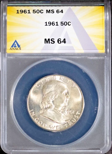 1961 50c Silver Franklin Head Half-dollar MS 64 ANACS # 7696024 + Bonus