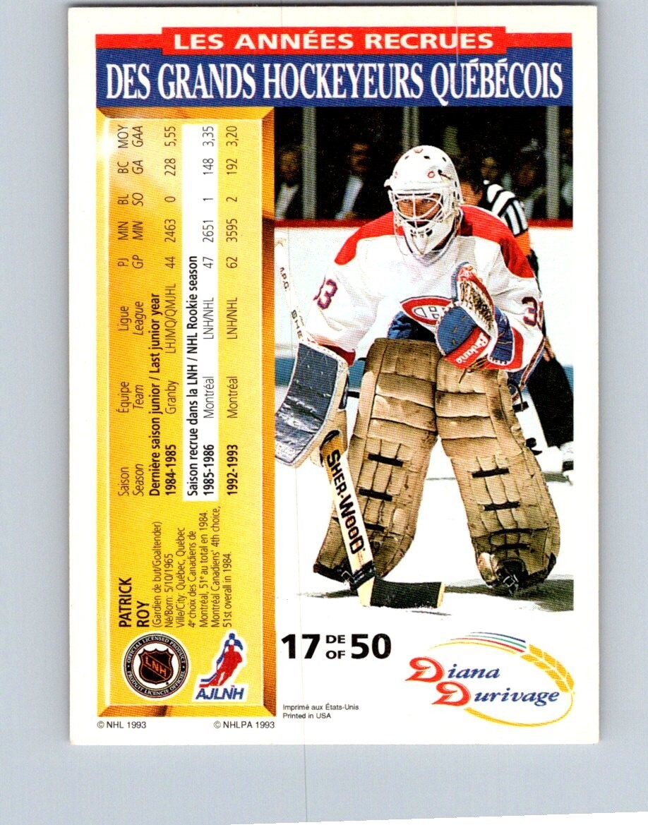 VINTAGE HOCKEY CARD SCORE DURIVAGE 1994 MONTREAL CANADIENS PATRICK ROY