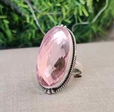 Pink Rose Quartz Solid 925 Sterling Silver Statement Handmade Women Ring K-52