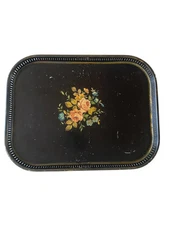 Mid Century Toleware Floral Metal Hand-painted Tray Medium