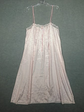 Vtg Lorraine Large Pink Satin Strappy Midi Nightgown Lace Trim Embossed Floral