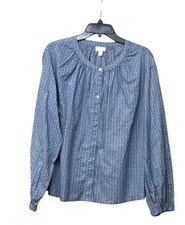 a.n.a. women  s Button Down Plead Scoop Neckline Printed Woven Blouse, Blue, XL