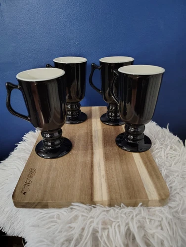 VINTAGE HALL BLACK & WHITE PEDESTAL FOOTED IRISH COFFEE MUGS Set Of 4