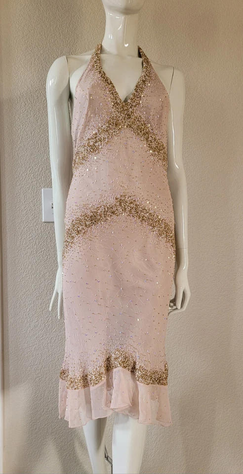 VTG PAPELL Boutique Evening Silk Beaded Holo Sequin Champaign Halter Dress sz 6 - Image 3 of 4