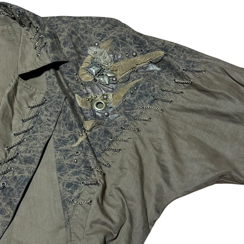 Vintage IIF Gothic Steampunk Jacket Size L Made in USA 80s 90s Green Lace Chains - Image 2 of 4