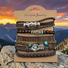 NEW Boho PU Leather Bracelet Set Brown Turquoise Beads Adjustable Unisex C 