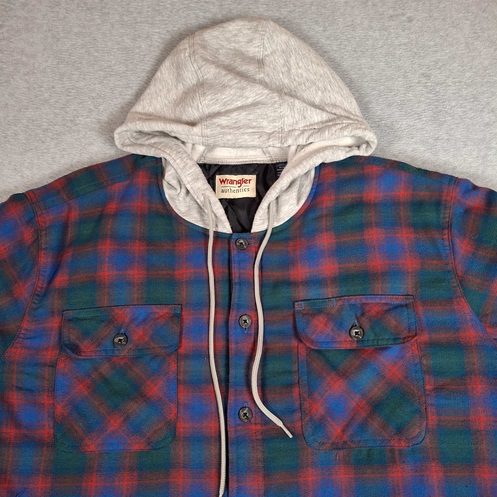 Wrangler Quilted Lined Hooded Flannel Shirt Jacket Men Large Blue Red Plaid Work