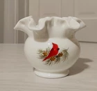 Vintage Christmas Fenton Milk Glass Winter Cardinal Ruffled Bowl Signed