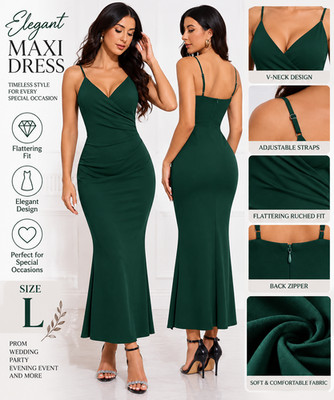 NEW WAYMAKER Women Dark Green V Neck Mermaid Maxi Formal Wedding Dress Size L