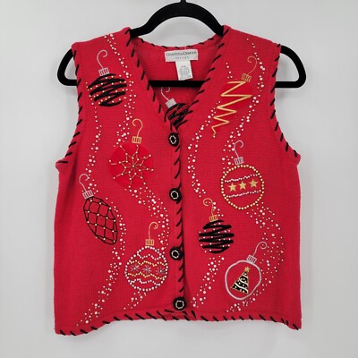 Drapers & Damons Women's Petite PM Xmas Holiday Sweater Vest Bead Ornament Vntg