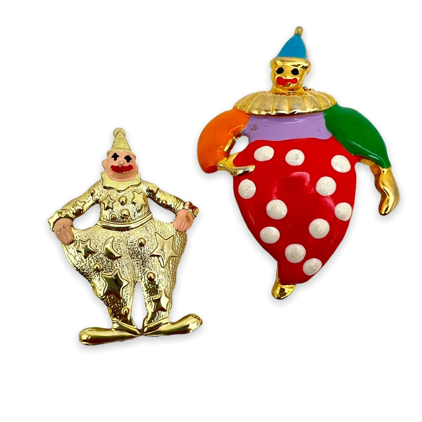 Lot of 2 CLOWN BROOCH Pins Enamel Gold Tone Polka Dot