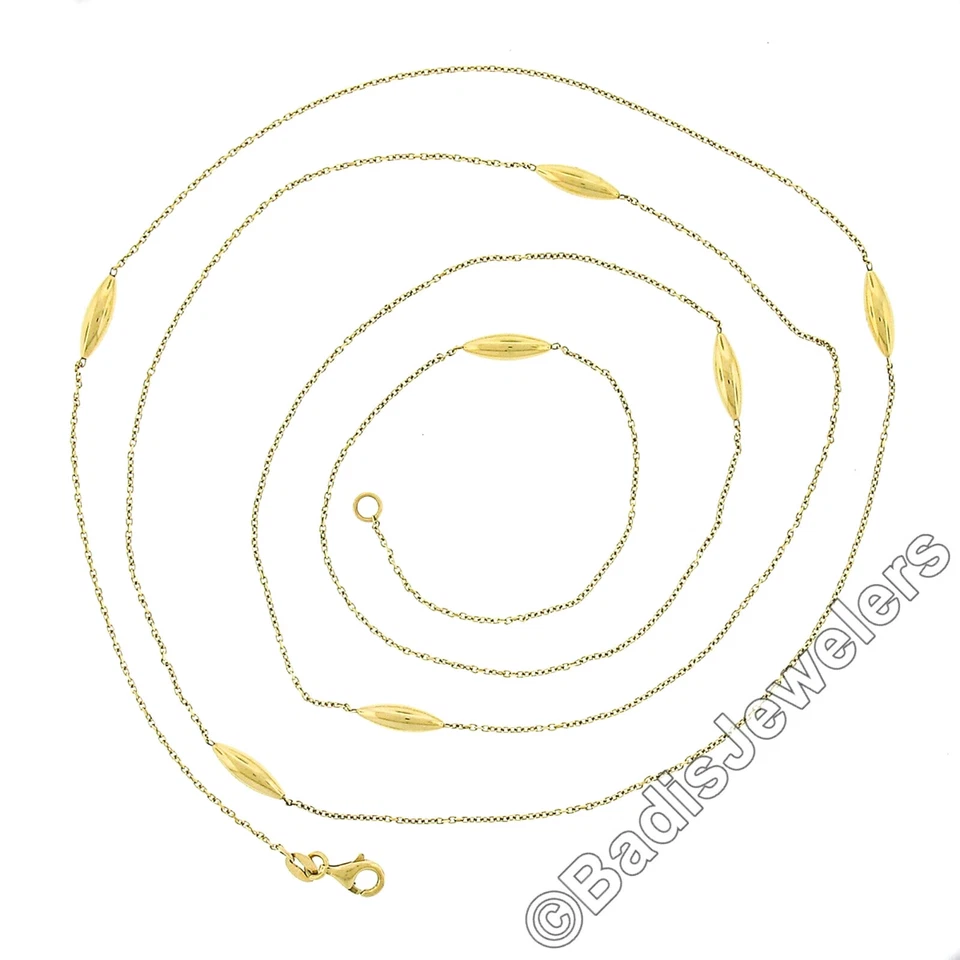 Collar Italiano Oro 14K 40" Largo Cable Eslabón y 3D Pulido Barril Estación Cadena Foto 3 de 4