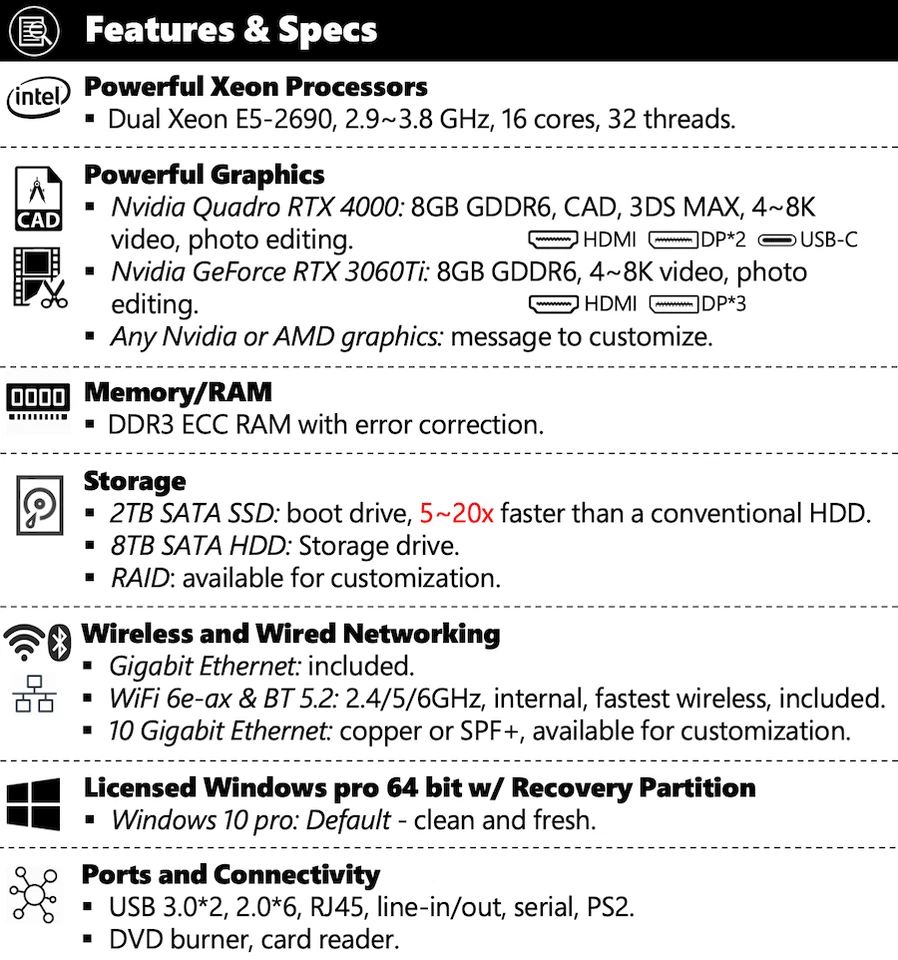 CAD Video Editing Workstation Xeon 16 Core/RTX 4000 3060 Ti/64~512GB/SSD/8TB HDD - Image 2 of 3