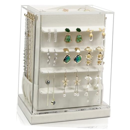 Jewelry Box 360° Rotating, Jewelry Organizer with 5 Drawers, Vertical Beige-image