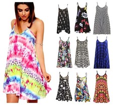 Womens Printed Strappy Cami Swing Sleeveless Ladies Mini Dress Vest Top Summer 