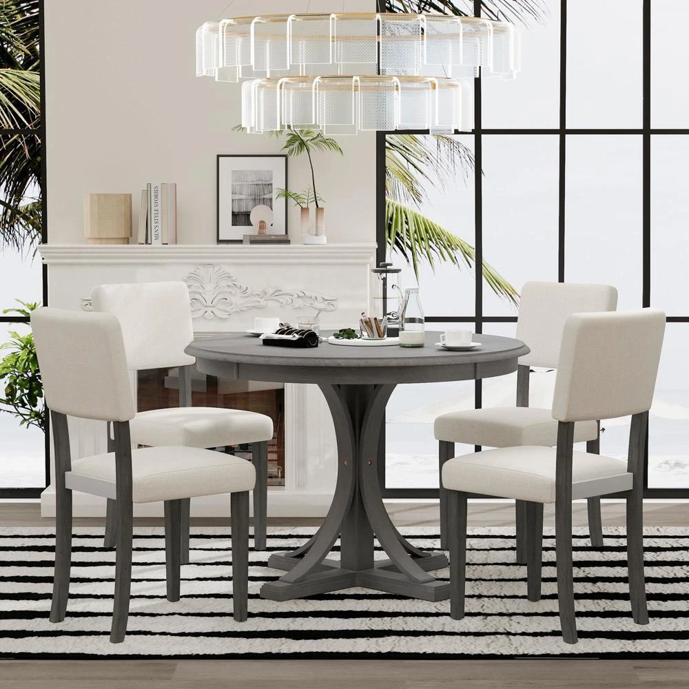5 Piece Retro Round Dining Table Set with Curved Trestle Style