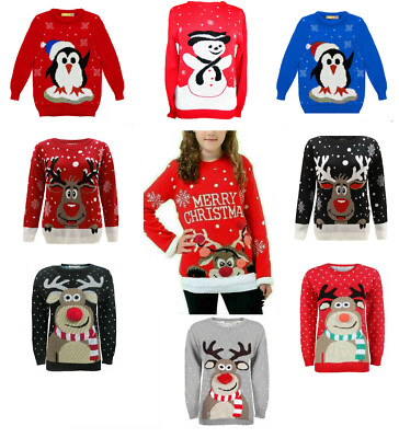 Girls Boys Christmas Rudolph Snowman Penguin Xmas Tree Jumpers
