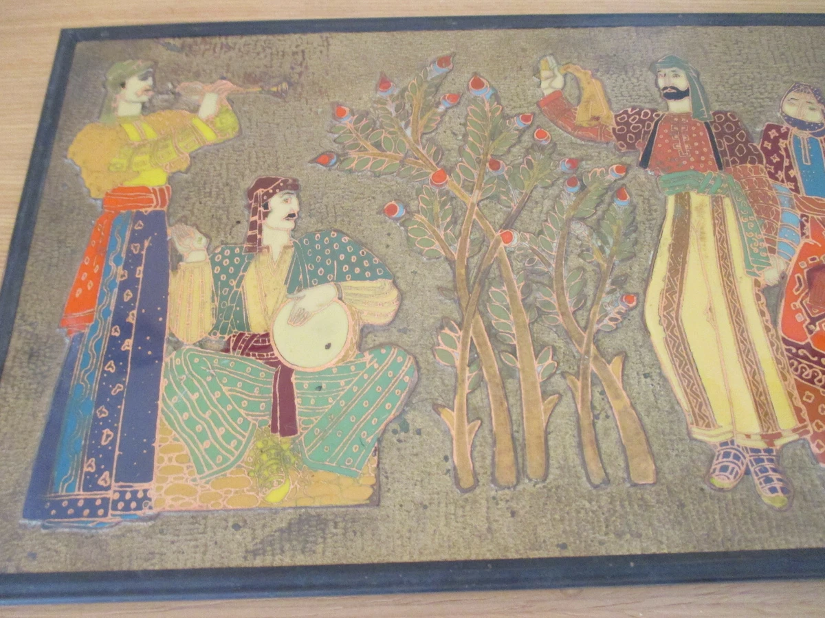 Altes Wandbild Bild Russische Emaille auf Kupfer Feierszene mit russ. Trachten