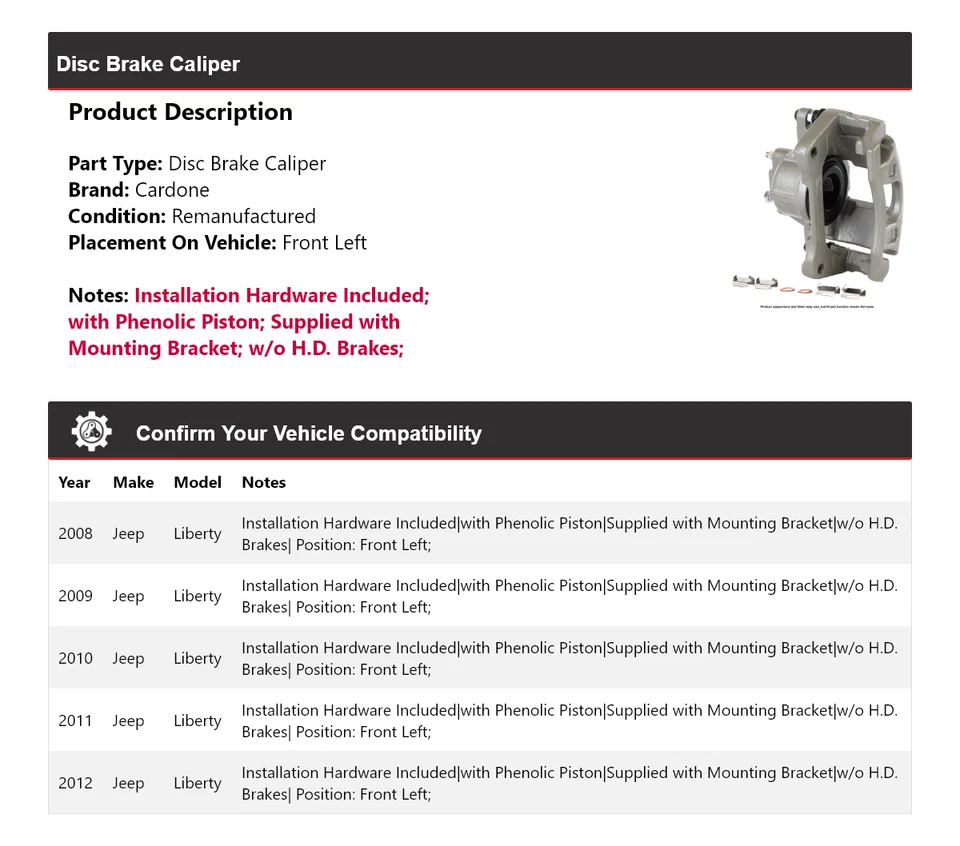 Pinza de freno de disco delantera izquierda Cardone 2009 2010 2011 para Jeep Liberty 2008-2012 Foto 2 de 4