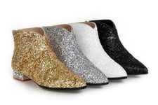 Women Low Heel Glitter Sequins Ankle Boots Pointed Toe Zip Party Shoes Casual SZ