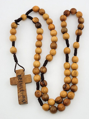 Vintage Bethlehem Hand Knotted/Made Olive Wood Beads Cross Crucifix Rosary