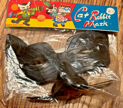 VINTAGE CAT RABBIT PLASTIC HALLOWEEN MASK MINT IN PACKAGE HONG KONG MEOW !!